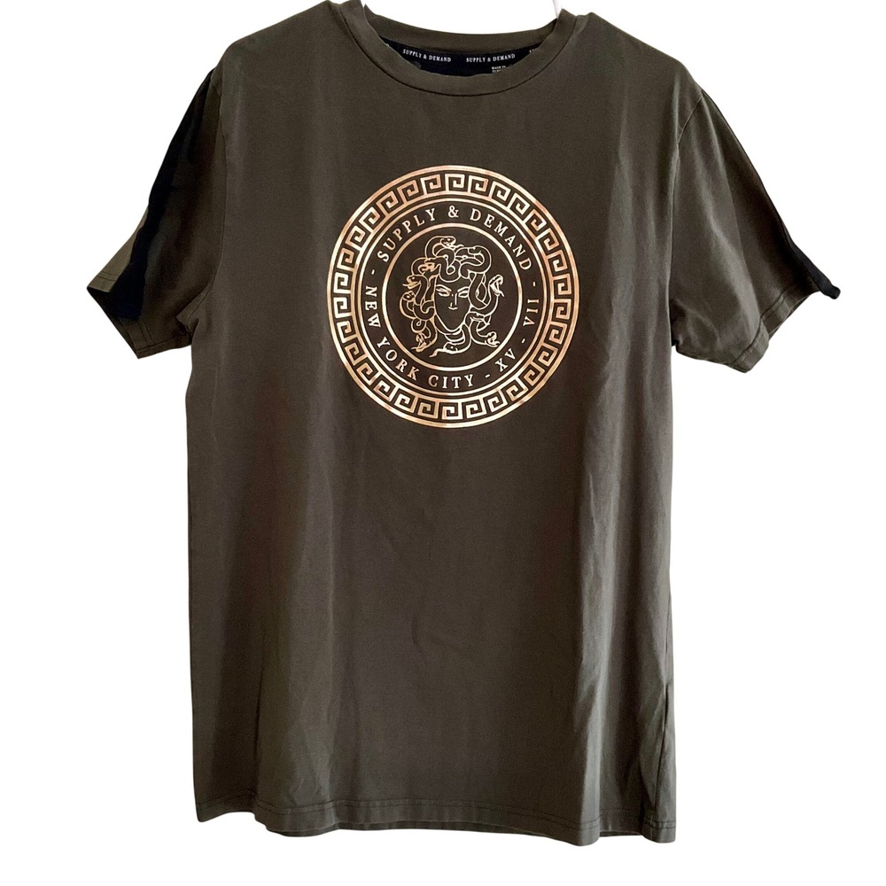 Supply & Demand NYC Medusa Gold‎ Foil Graphic T-Shirt Mens Large Olive Green